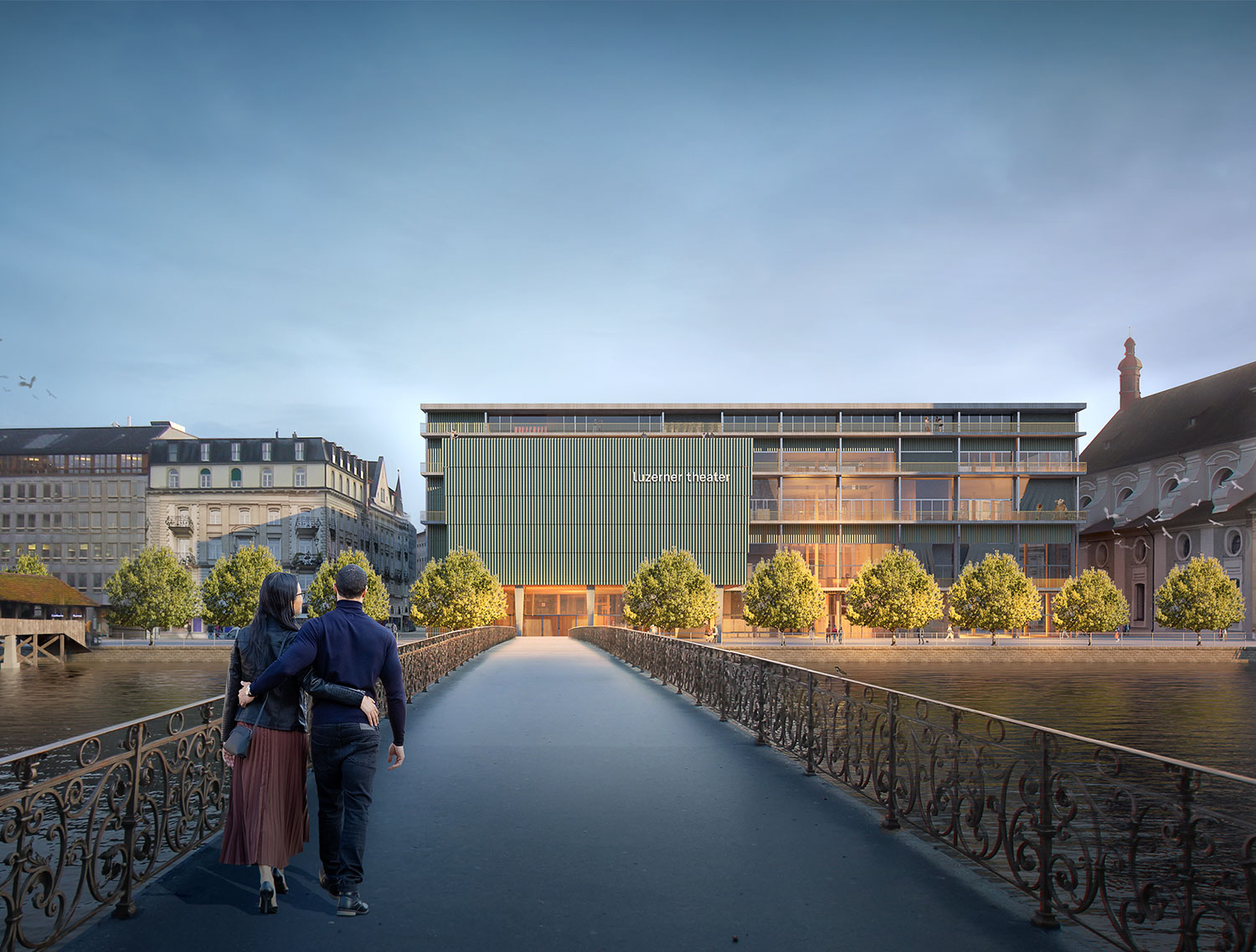 Theater Luzern Wettbewerb Visualisierung, Blick von der Brücke auf das Theater bei Abendstimmung